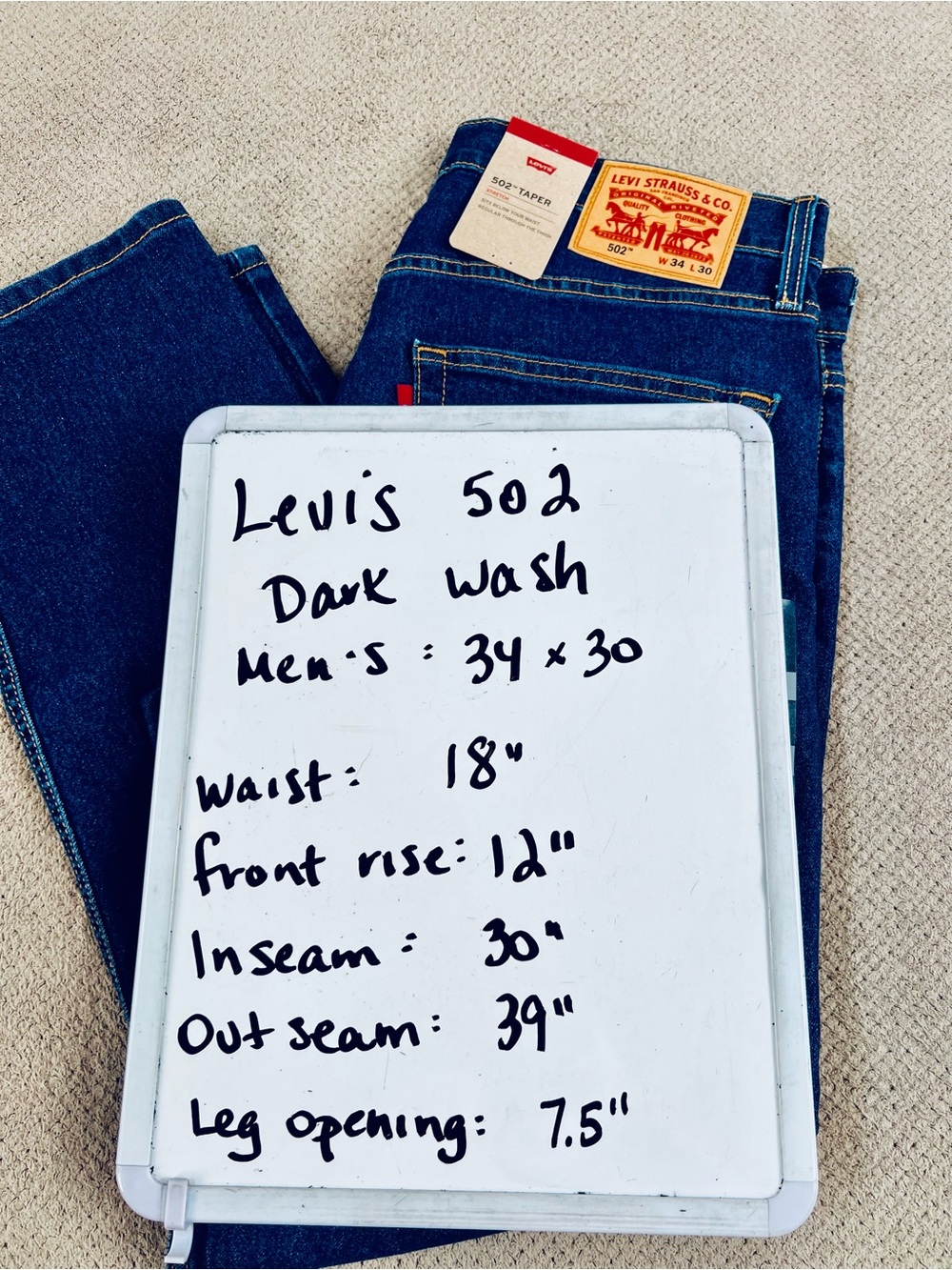 Levi’s 502 Men’s 34x30 Regular Fit Mid Rise Taper Leg Dark Wash Denim Jeans NWT - Picture 8 of 15